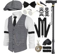 Costume Homme Année 20 Gilet avec Accessoire Bretelles, Béquilles Montre De Poche Barbe BéRet Lunettes Pince à Cravate 1920S Costume de Gangster Mafia pour Hommes, Cosplay de Carnaval d'Halloween
