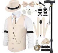 Costume Homme Année 20 Gilet avec Accessoire Bretelles, Béquilles Montre De Poche Barbe BéRet Lunettes Pince à Cravate 1920S Costume de Gangster Mafia pour Hommes, Cosplay de Carnaval d'Halloween
