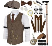 Costume Homme Année 20 Gilet avec Accessoire Bretelles, Loupe Béquilles Montre De Poche Barbe BéRet Lunettes Pince à Cravate 1920S Gangster Mafia pour Hommes, Cosplay de Carnaval d'Halloween