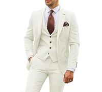 Costume homme coupe ajustée, blazers vestes d'affaires à revers 3 pièces costumes de garçons d'honneur ensemble gilet pantalon veste à double boutonnage, ecru, M