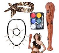 Costume Homme des Cavernes avec Accessoires - Ensemble Complet avec Maquillage, Bâton Gonflable, Tête de Panthère, Collier et Bracelet - Taille Unique
