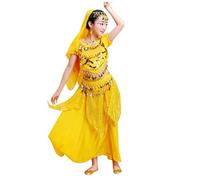 Costume indien 5 pièces pour fille - Costume de danse à paillettes - Jupe à paillettes - Haut voile - Chaîne de taille - Costume arabe - Costume Bollywood - Spectacle de danse indienne - Halloween