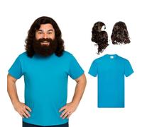 Costume inspiré de Steve pour adultes - Perruque, barbe et haut bleu clair - Déguisement d'Halloween, cosplay de gamer, costume de mineur de jeu vidéo - Taille M