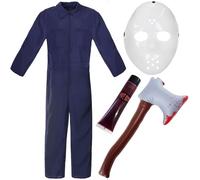 Costume Jason pour adultes - Taille S - Combinaison de chaudière bleu marine, masque de hockey blanc, hache gonflable et faux sang - Déguisement d'Halloween pour adultes
