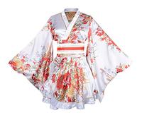 Costume kimono court à motif floral japonais Geisha Yukata vêtements de nuit robe robe Obi ceinture tenue, 81-blanc, Asia Size