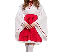 Costume kimono court japonais uni pour femme Uniforme de soubrette avec tablier et coiffe pour fille - Blanc - Taille M