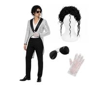 Costume King of Pop pour adultes - Queue de morue à paillettes argentées avec perruque noire bou gant à paillettes et lunettes d'aviateur - Déguisement d'icône de la musique des années 80 pour