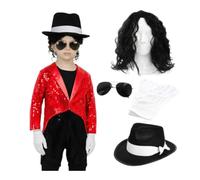 Costume King of Pop pour enfant - Petit - Queue de morue à paillettes rouges avec perruque bou noire, Fedora, lunettes de soleil aviateur et gant à paillettes - Déguisement Pop Star pour garçons