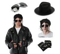 Costume King of Pop Veste d'aspect cuir avec lunettes, perruque, chapeau et gants cloutés - Icône des années 80 pour adulte - Tenue d'Halloween, cosplay, costume de mauvais hommage - Taille XL