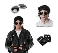 Costume King of Pop Veste d'aspect cuir avec lunettes, perruque et gants cloutés - Déguisement d'icône des années 80 pour adulte - Tenue d'Halloween, cosplay, costume de mauvais hommage - Taille XL