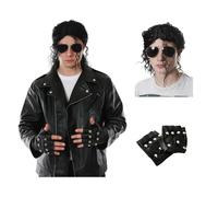Costume King of Pop Veste d'aspect cuir avec perruque et gants cloutés - Icône des années 80 pour adultes - Tenue d'Halloween, cosplay, costume de mauvais hommage - Taille L