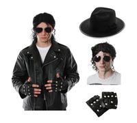 Costume King of Pop Veste d'aspect cuir avec perruque noire, chapeau et gants cloutés - Déguisement d'icône des années 80 pour adultes - Tenue d'Halloween, cosplay, costume de mauvais hommage - Taille