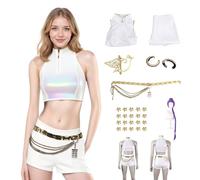 Costume Kpop - Robe de costumade K-Pop avec ceinture et chaîne - Robe de danse pour femmes pour spectacle, Halloween, carnaval (blanc avec perruque, taille XS)