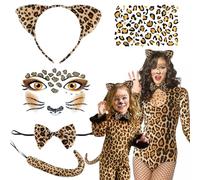 Costume Léopard 5 Pièces - Déguisement Femme Enfant avec Oreilles Bandeau, Queue, Nœud Papillon, Tatouage Visage pour Carnaval Halloween Animaux Cosplay Party