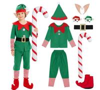 Costume Lutin de Noël Enfant, Costume d'Elfe de Noël pour Garçon, Deguisement Lutin Noels avec Oreilles de Elfe, Béquilles Gonflables et Bracelet, Tenue Costumes d'Elfe pour Filles et Garçons (150)