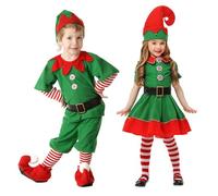 Costume Lutin de Noël Enfant Garçon Fille 4 Pièces avec Robe ou Ensemble Haut Pantalon Chapeau Ceinture Tenue Noël Famille Déguisement Elf Enfants Spectacle Fête Carnaval (A01-A, 5-6 Years)