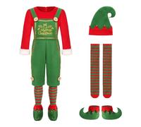 Costume Lutin Noël Homme 4 PCS, Déguisement Lutin Deluxe pour Homme Elfe de Noël, Combinaison Adulte de noëls en Polaire + Chaussettes + Chapeau + Chaussures, Tenue Christmas Spectacle Cosplay S-XXL