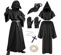 Costume Médecin de la Peste - Robe Masque, Gants Collier Croix Ceinture | Costume médecin de la peste robe noire masque peste noire gants collier croix ceinture pour Halloween déguisement carnaval