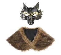 Costume médiéval de guerrier barbare nordique viking en fausse fourrure sur les épaules et masque de loup pour Halloween, cape en fourrure, masque facial d'animal pour bal masqué