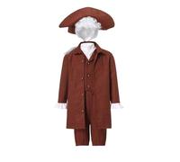 Costume Medieval Enfant de Gentleman Du 18E Siècle, Deguisement Medieval Enfant Colonial Historique - Ensemble avec Manteau Long, Gilet, Pantacourt, Chapeau Tricorne et Jabot - pour Halloween, Cosplay