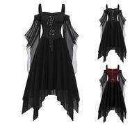 Costume Médiéval Femme Grande Taille Médiévale Déguisement Adulte Rétro Maxi Robe Manches évasées Cosplay Gothique Palais Halloween Carnaval Drame (Black, XL)