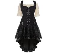 Costume Médiéval Femme Robe Chemise Pirate Veste 3 Set Viking Vintage Gothique Victorien Retro Victoria Adulte Déguisement Halloween Noir 3XL