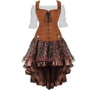 Costume Médiéval Femme Robe Chemise Pirate Veste 3 Set Viking Vintage Gothique Victorien Retro Victoria Adulte Déguisement Halloween Brun S