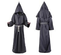 Costume medieval homme,Deguisement Moine, Deguisement Halloween Homme Prêtre Médiéval Capot Encapuchonné Moine Costume avec Croix Renaissance Robe de Prêtre Halloween Robe,Neutre (Grey, M)