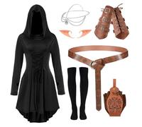 Costume médiéval pour femme - Robe noire de la Renaissance - Ensemble complet d'elfe avec robe à capuche, ceinture, bracelets, chaussettes, oreilles, collier et pochette pour cosplay de la foire l