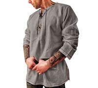 Costume médiéval pour homme - Chemise médiévale - Col montant - Chemise à lacets - Costume victorien - Col en V - Chemise de pirate, b gris, 3XL
