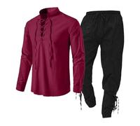 Costume médiéval pour homme - Combinaison pantalon 2 pièces - Chemise médiévale - Costume Viking - Costume de pirate Renaissance - Chemise à lacets - Chemise de pêcheur guerrière gothique - Col