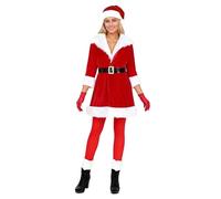 Costume Mère Noël Femme Tenue de Noël Déguisement Santa Robe de Père Noel Col V en Velours Rouge avec Collant Bonnet Noel Gloves Guêtre Ceinture 6 PièCes Vêtements Fête Adulte (White, M)