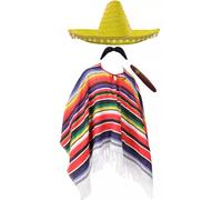 Costume mexicain adulte - Poncho multicolore avec franges - Sombrero jaune, faux cigare, fausse moustache - Déguisement Mexique Cinco de Mayo pour homme et femme