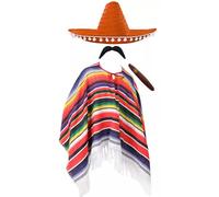 Costume mexicain adulte - Poncho multicolore avec franges - Sombrero orange, faux cigare, fausse moustache - Déguisement Mexique Cinco de Mayo pour homme et femme