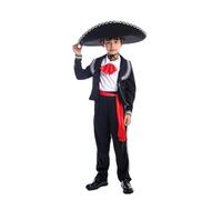 Costume mexicain pour garçon en tissu léger et broderies colorées, tenue de danse folklorique pour spectacle scolaire ou fête culturelle, avec ceinture et chapeau assortis, taille 4-8 ans (Black, 5-6