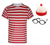 Costume Nerd Geek pour homme, ensemble 3 pièces comprenant un t-shirt rayé rouge et blanc, des lunettes et un chapeau, un déguisement pour Halloween, la Journée mondiale du livre (S)