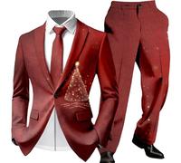 Costume Noël Homme Ensemble Blazer Et Pantalon De Élégant Flocons Neige Rouge Sophistiqué Doublure Satinée Luxueuse Droit Soirée Entreprise Tenue Esprit Lavage Professionnel Recommandé pour