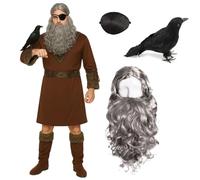 Costume Odin pour adulte - Comprend perruque grise et barbe, bandeau oculaire et corbeau - Déguisement de dieu viking pour Halloween ou cosplay
