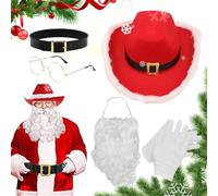 Costume Père Noël Adulte | Barbe et Chapeau du Père Noël,Barbe Blanche Confortable Lunettes Dorées Gants Ceinture Chapeau de Cowboy Rouge Ensemble pour Cosplay Photo Spectacle Halloween Famille