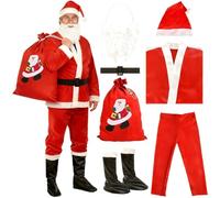 Costume Pere Noel Ensemble 7pcs Complet de Déguisement de Noël pour Adulte Costume de Père Noël avec Veste Pantalon Chapeau Barbe Ceinture Bottes Sac