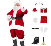 Costume Père Noël Grande Taille - Ensemble Complet Rouge Adulte 9 Pièces, Tenue Universelle Cosplay Hiver Noël Performance, Déguisement Homme Classique et Festif