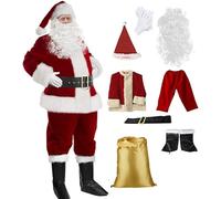 Costume Père Noël pour homme 10 pièces Costume de Père Noël Déguisement de Père Noël pour Noël Costume en velours rouge vin avec perruque Barbe Fête de Noël Cosplay Ensemble de luxe 8pcs,5XL.