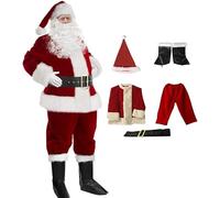 Costume Père Noël pour homme 10 pièces Costume de Père Noël Déguisement de Père Noël pour Noël Costume en velours rouge vin avec perruque Barbe Fête de Noël Cosplay Ensemble de luxe 5pcs,6XL.