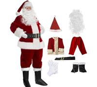 Costume Père Noël pour homme 10 pièces Costume de Père Noël Déguisement de Père Noël pour Noël Costume en velours rouge vin avec perruque Barbe Fête de Noël Cosplay Ensemble de luxe 7pcs,5XL.