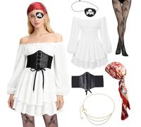 Costume Pirate Femme Robe Medievale Épaules Dénudées, Ceinture Corset, Squelette Bas Cache Oeil, Bandana, Sexy Deguisement Pirate Femme Halloween Accessoire Carnaval Adulte Cosplay Renaissance L