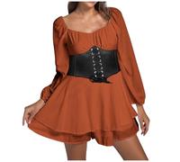 Costume Pirate Femme Robe Pirate Blanche Pour Femmes Avec Shorts Intégrés En Dessous Manches Longues/Courtes Épaules Dénudées À Volants Coupe Trapèze 2 En 1 Courte Style Bohème Robe 05-Orange L