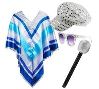 Costume Pop Queen des années 70 pour adultes - Poncho rayé bleu et argenté, lunettes aspect diamant, accessoire microphone argenté et chapeau disco argenté - Déguisement d'icône de musique dansante