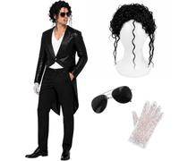 Costume Pop Star des années 80 pour adulte - Ensemble 4 pièces avec queue de mort à paillettes noires, gant à paillettes, perruque noire bou et lunettes de soleil aviateur - Déguisement pour homme