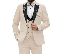 Costume pour hommes Leader of the Beauty, coupe ajustée, 3 pièces pour mariage, fête de bal de promo, veste à un bouton, gilet et pantalon, beige, S
