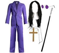 Costume Prince des Ténèbres avec costume violet - Comprend une perruque noire, des lunettes rondes violettes, un collier croix dorée et une canne argentée - Déguisement Rock Star - XXL